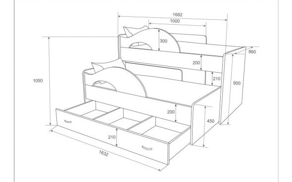 Чертеж двухэтажной выдвижной кровати