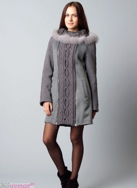 мода осень зима верхняя одежда: серое пальто с вязаной вставкой