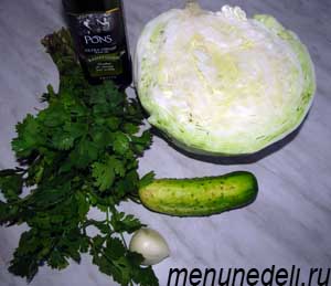 Ингредиенты для салата из свежей капусты с огурцом и кинзой