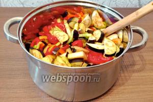 Все ингредиенты смешиваем и ставим на небольшой огонь, провариваем 30-40 минут, до готовности овощей.