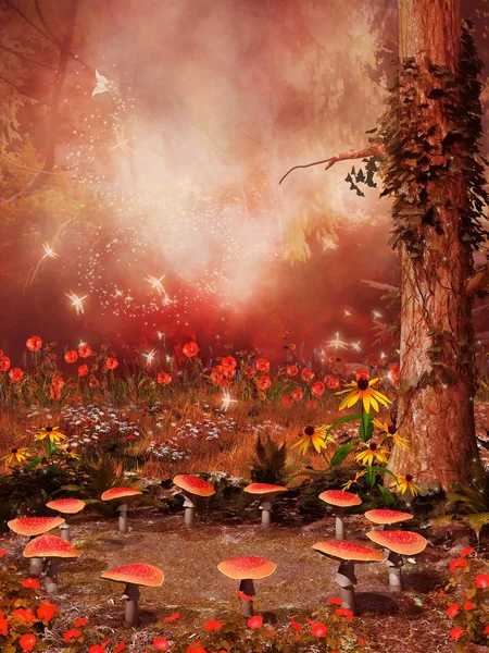Волшебное кольцо грибов и цветов — стоковое фото