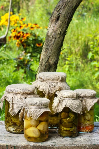 Маринованные грибы и огурцы — стоковое фото