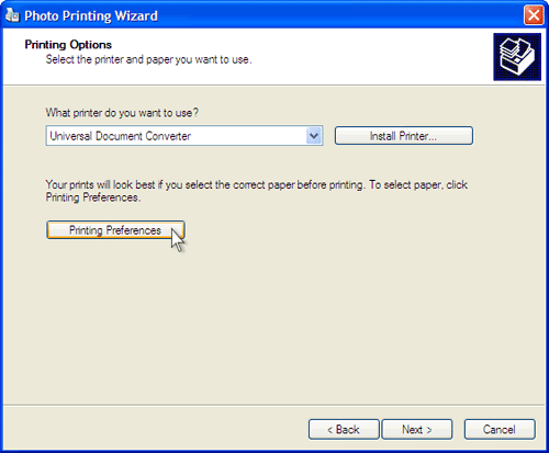 Select Universal Document Converter from the printers list and click the Printing Preferences button.